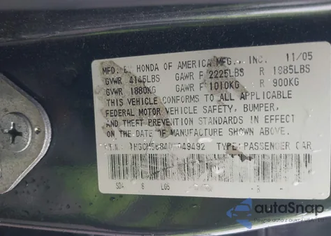 2006 Honda Accord 2.4 Ex from USA, damaged, VIN 1HGCM56846A049492